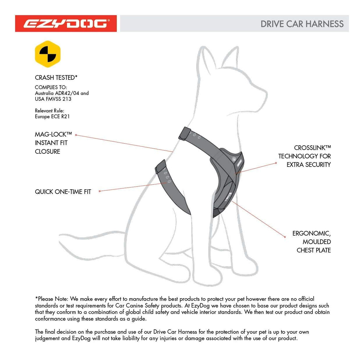EzyDog Drive Safety Travel Dog Car Harness - Crash Tested US (FMVSS 213) - Use with Car Seat Belt (Large)