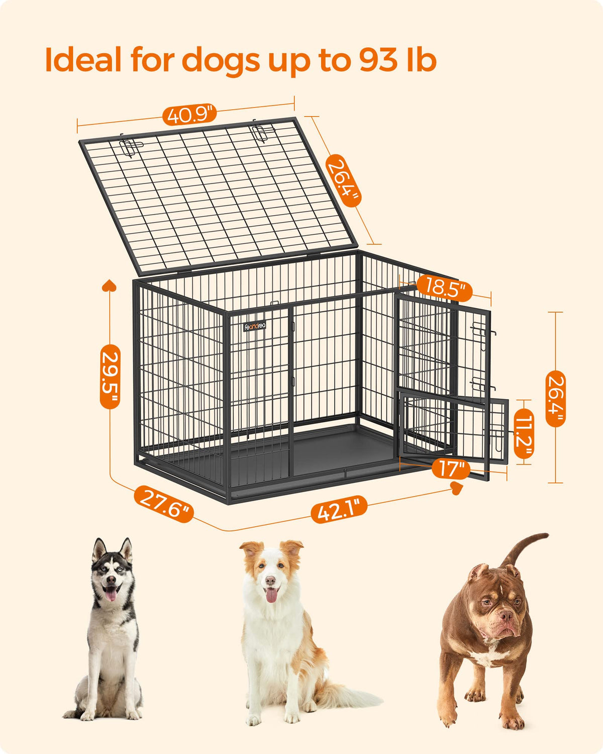 Feandrea Heavy-Duty Dog Crate,  XL for Medium and Large Dogs, 42.1 x 27.6 x 29.5 Inches, Black