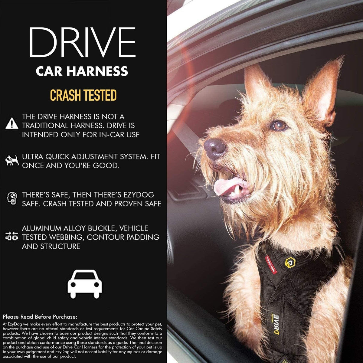EzyDog DRIVE Dog Car Harness - Crash Tested US (FMVSS 213) Certified, Black, Small